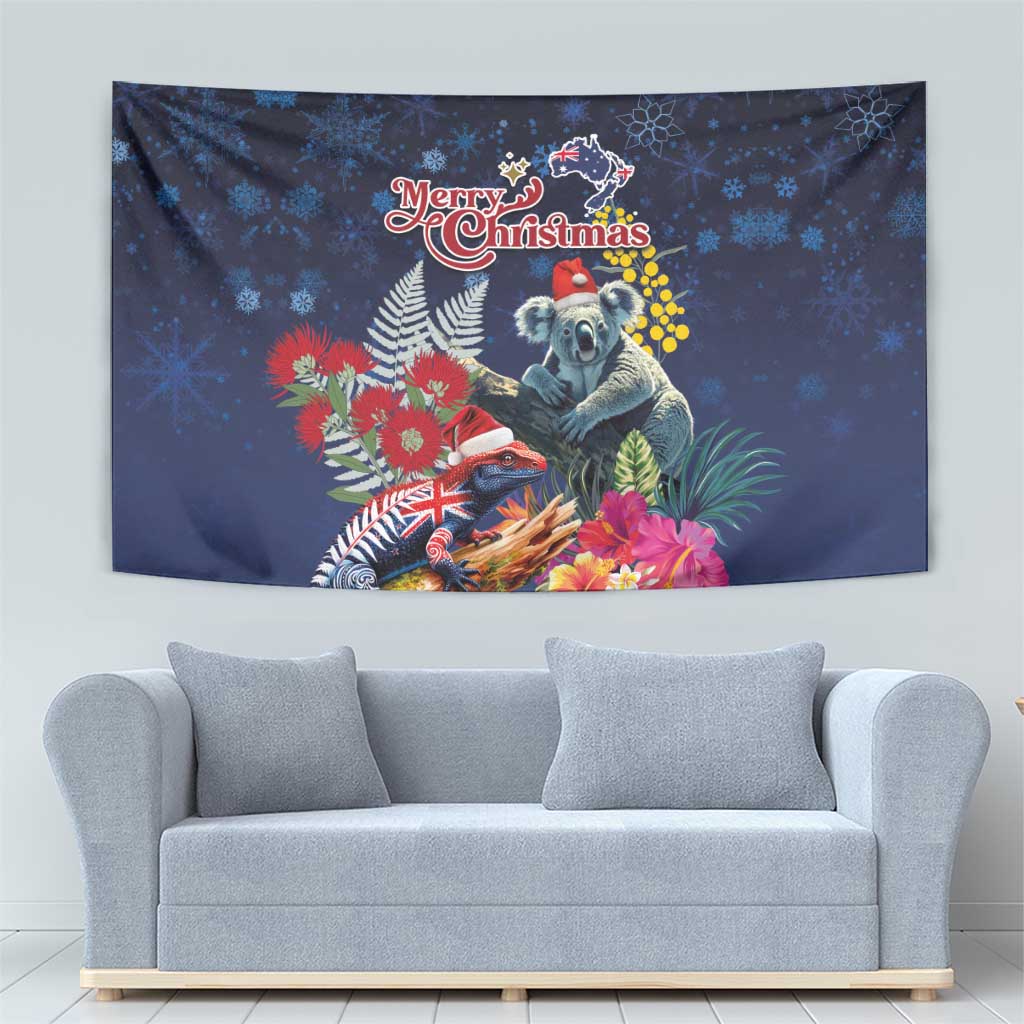 Australia and New Zealand Tapestry Merry Christmas-Tuatara and Koala with Plants Xmas Style
