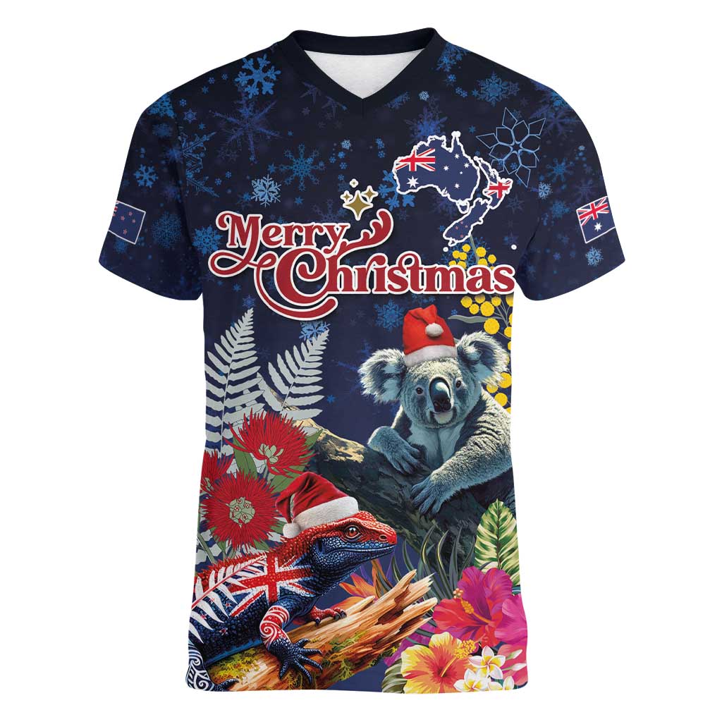 Australia and New Zealand Women V-Neck T-Shirt Merry Christmas-Tuatara and Koala with Plants Xmas Style LT03 Female Navy - Polynesian Pride
