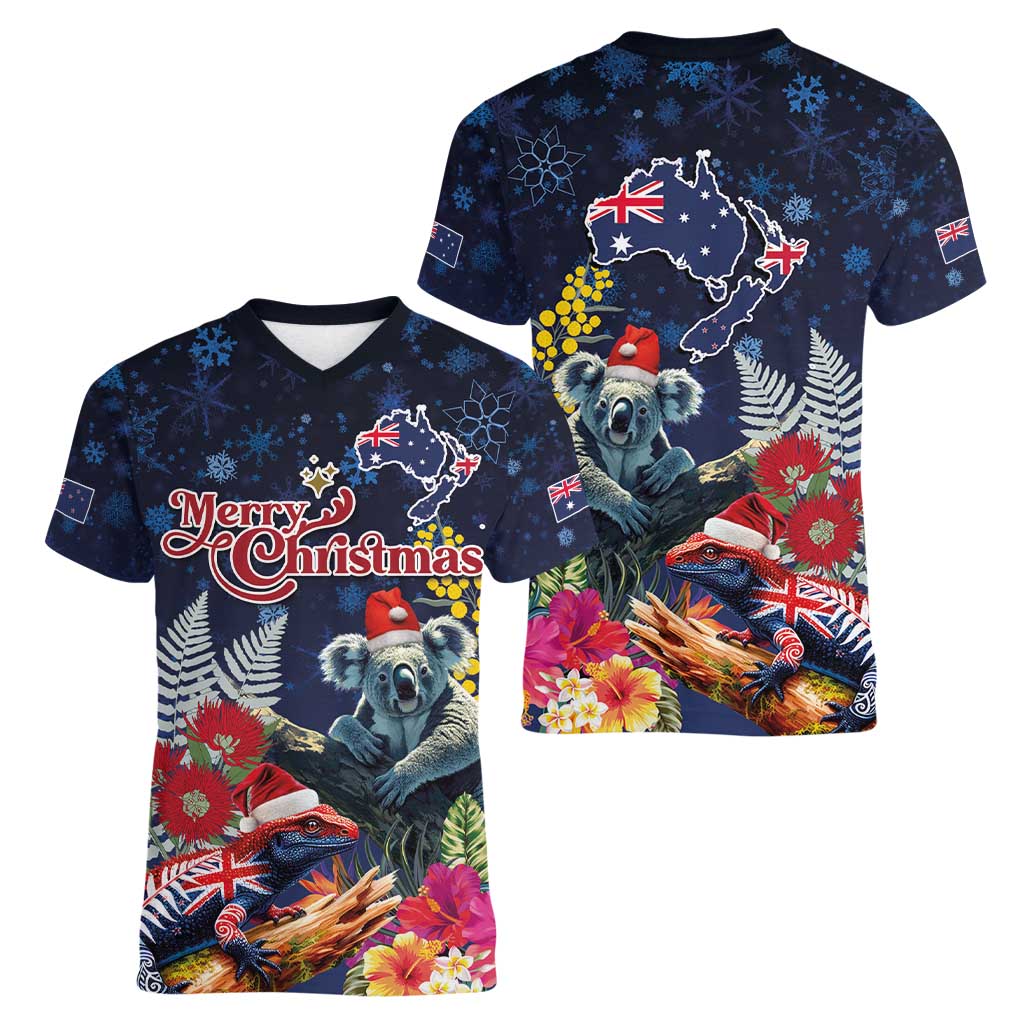 Australia and New Zealand Women V-Neck T-Shirt Merry Christmas-Tuatara and Koala with Plants Xmas Style LT03 - Polynesian Pride