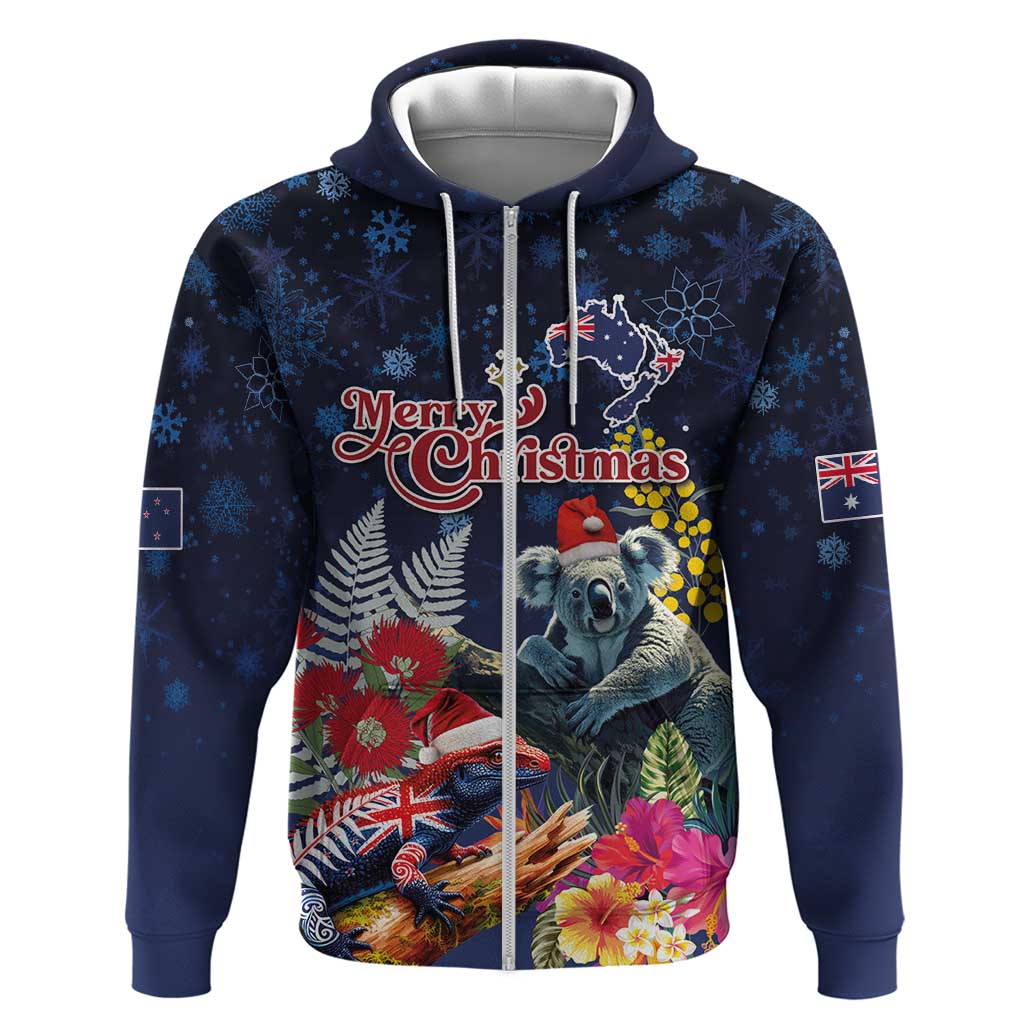 Australia and New Zealand Zip Hoodie Merry Christmas-Tuatara and Koala with Plants Xmas Style LT03 Zip Hoodie Navy - Polynesian Pride