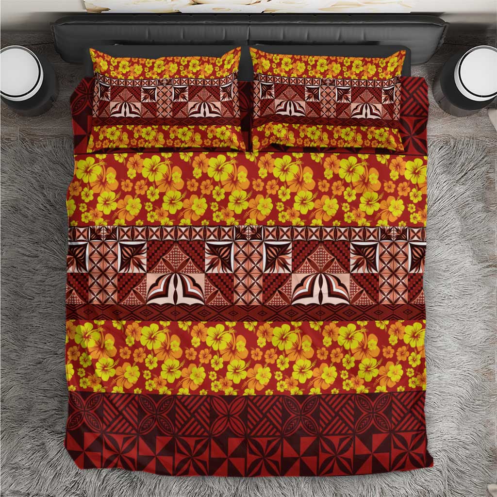 Samoa Siapo and Tapa Bedding Set Pacific Tribal Pattern with Hibiscus Striped Style