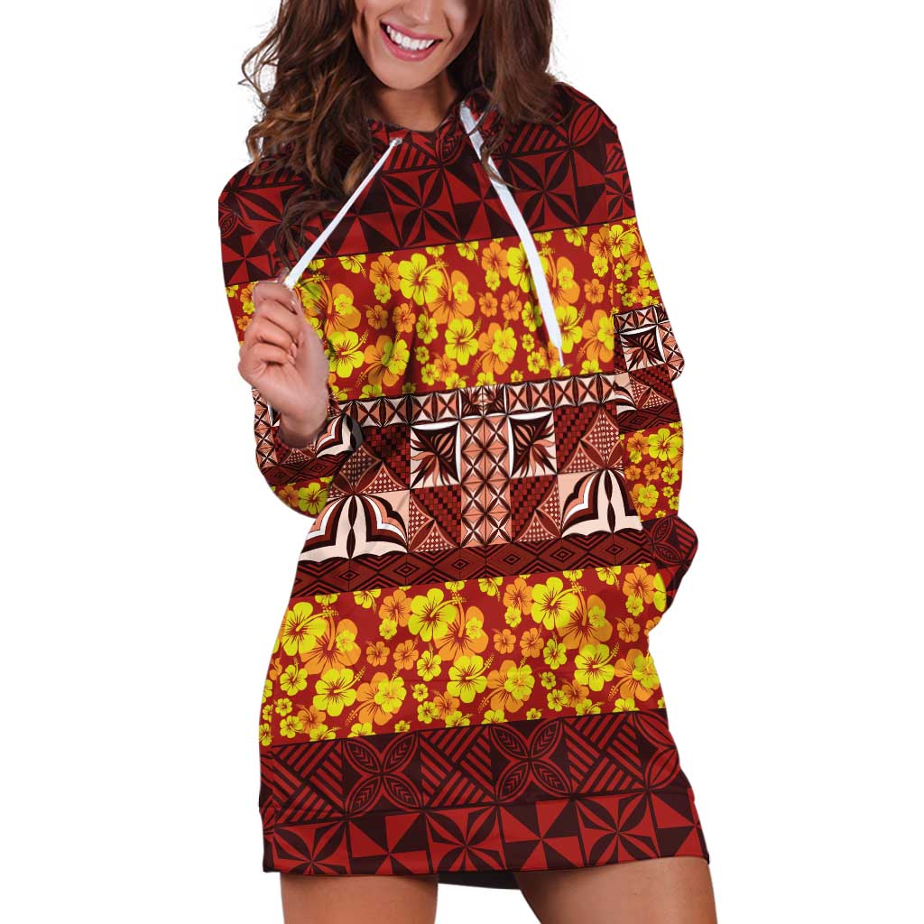 Samoa Siapo and Tapa Hoodie Dress Pacific Tribal Pattern with Hibiscus Striped Style