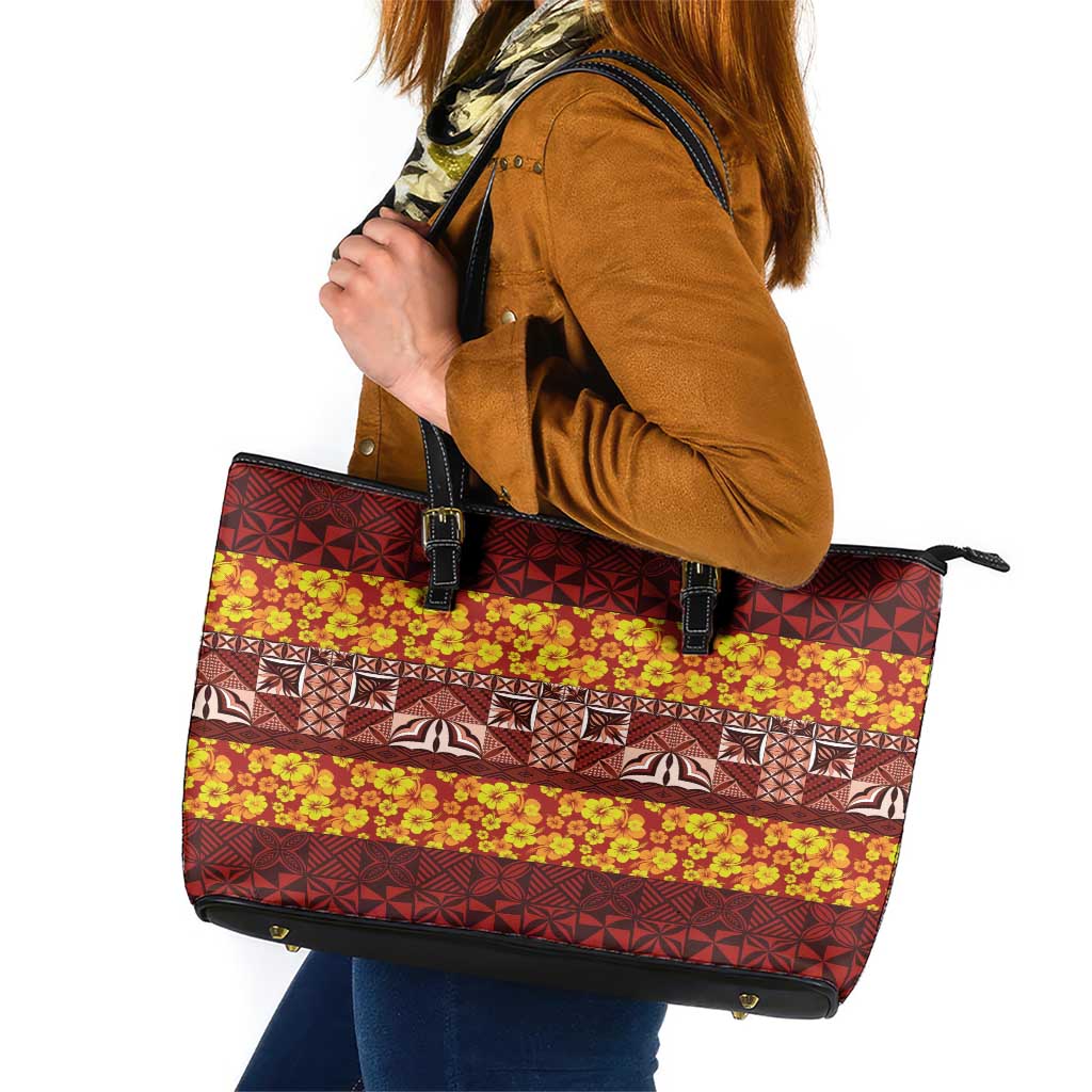 Samoa Siapo and Tapa Leather Tote Bag Pacific Tribal Pattern with Hibiscus Striped Style