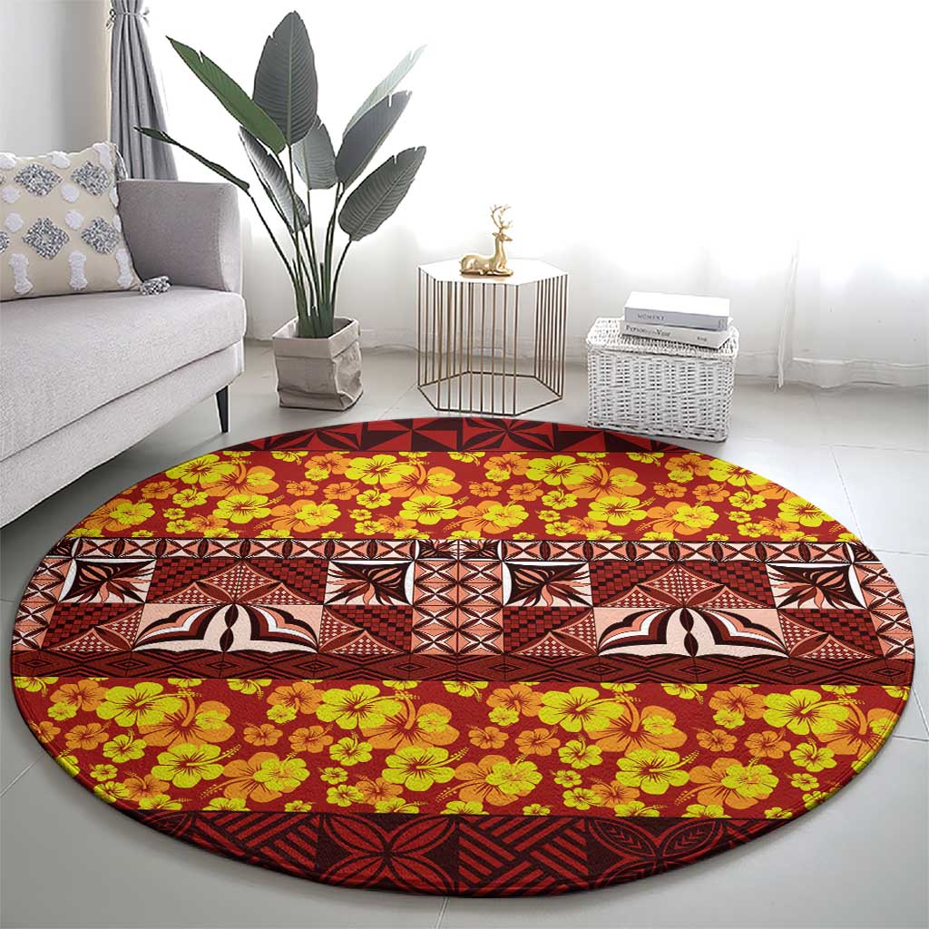 Samoa Siapo and Tapa Round Carpet Pacific Tribal Pattern with Hibiscus Striped Style