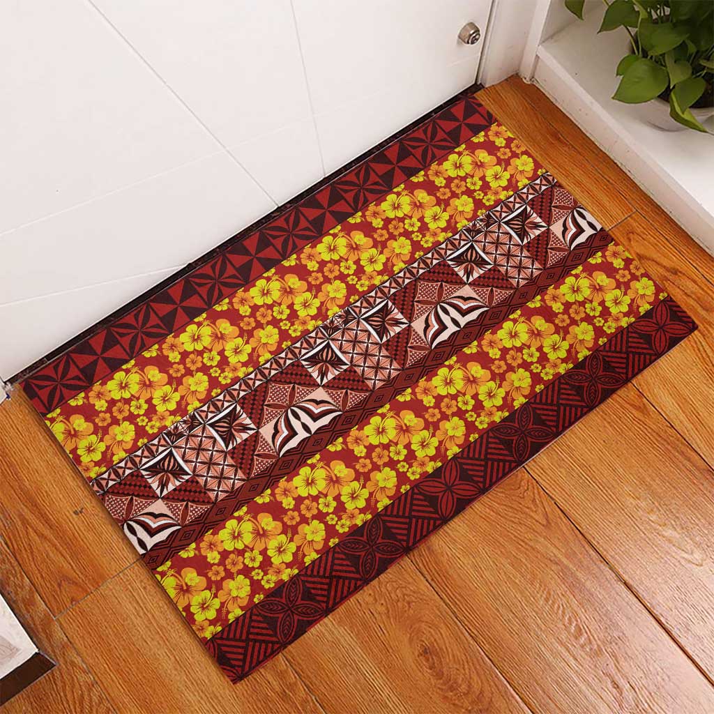 Samoa Siapo and Tapa Rubber Doormat Pacific Tribal Pattern with Hibiscus Striped Style