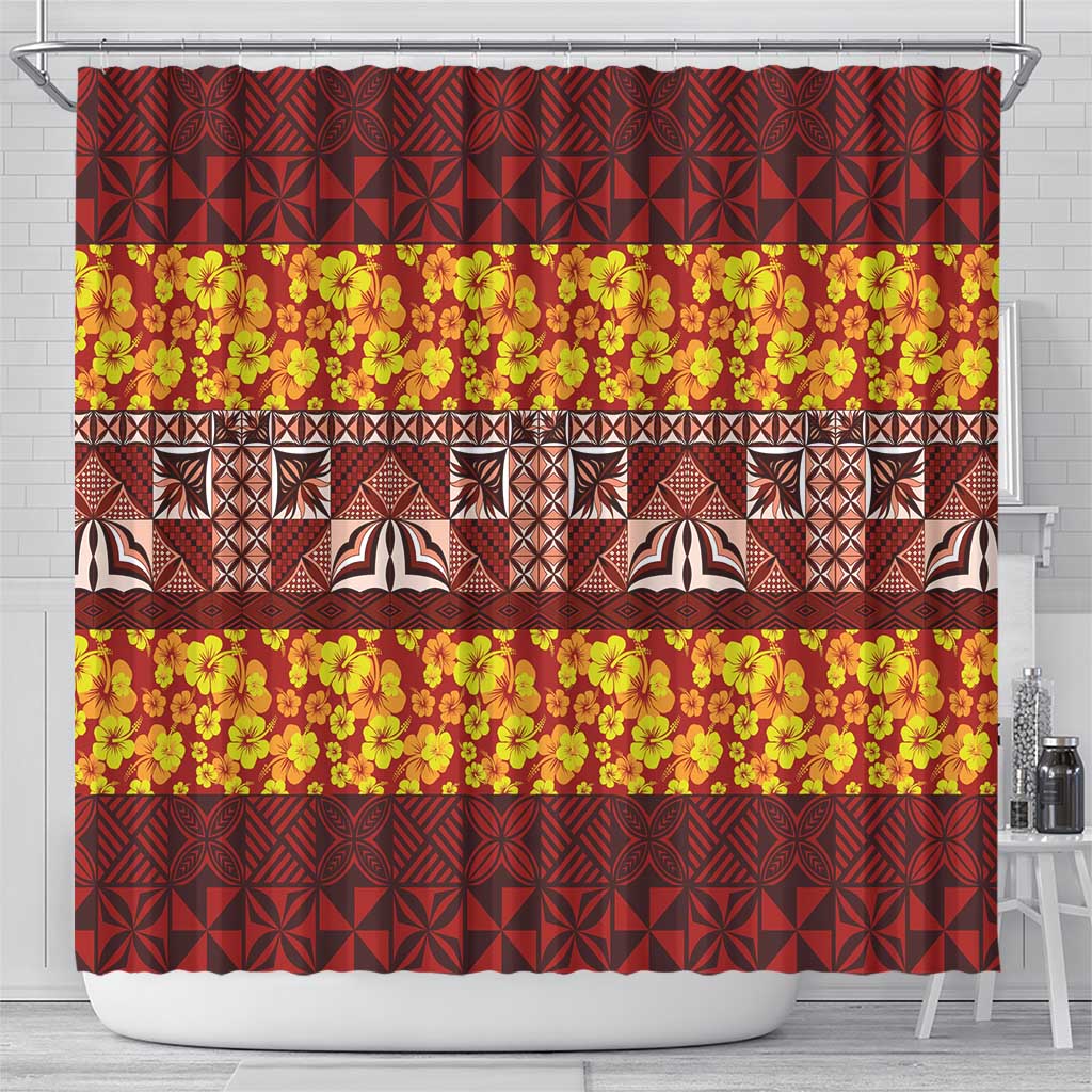 Samoa Siapo and Tapa Shower Curtain Pacific Tribal Pattern with Hibiscus Striped Style