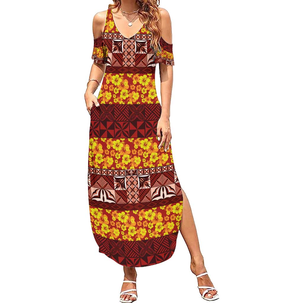 Samoa Siapo and Tapa Summer Maxi Dress Pacific Tribal Pattern with Hibiscus Striped Style