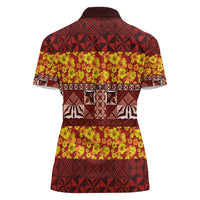 Samoa Siapo and Tapa Women Polo Shirt Pacific Tribal Pattern with Hibiscus Striped Style