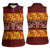 Samoa Siapo and Tapa Women Sleeveless Polo Shirt Pacific Tribal Pattern with Hibiscus Striped Style