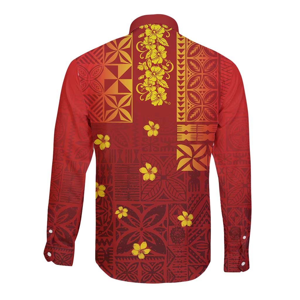 Samoa Tapa Pacific Tribal Pattern Long Sleeve Button Shirt Hibiscus and Plumeria