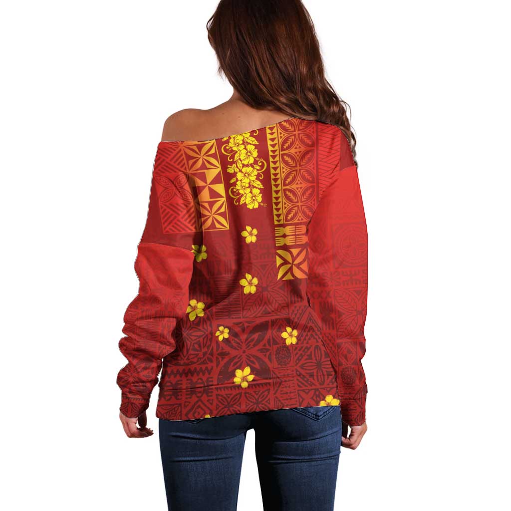Samoa Tapa Pacific Tribal Pattern Off Shoulder Sweater Hibiscus and Plumeria