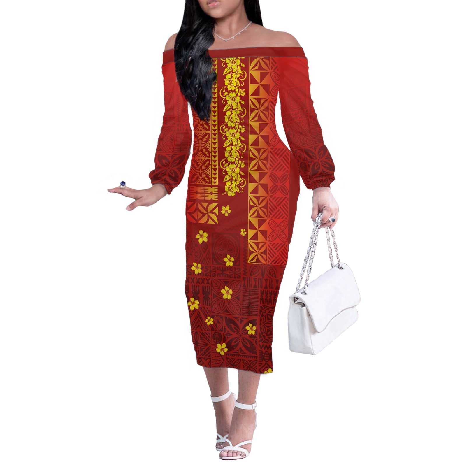 Samoa Tapa Pacific Tribal Pattern Off The Shoulder Long Sleeve Dress Hibiscus and Plumeria