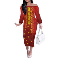 Samoa Tapa Pacific Tribal Pattern Off The Shoulder Long Sleeve Dress Hibiscus and Plumeria