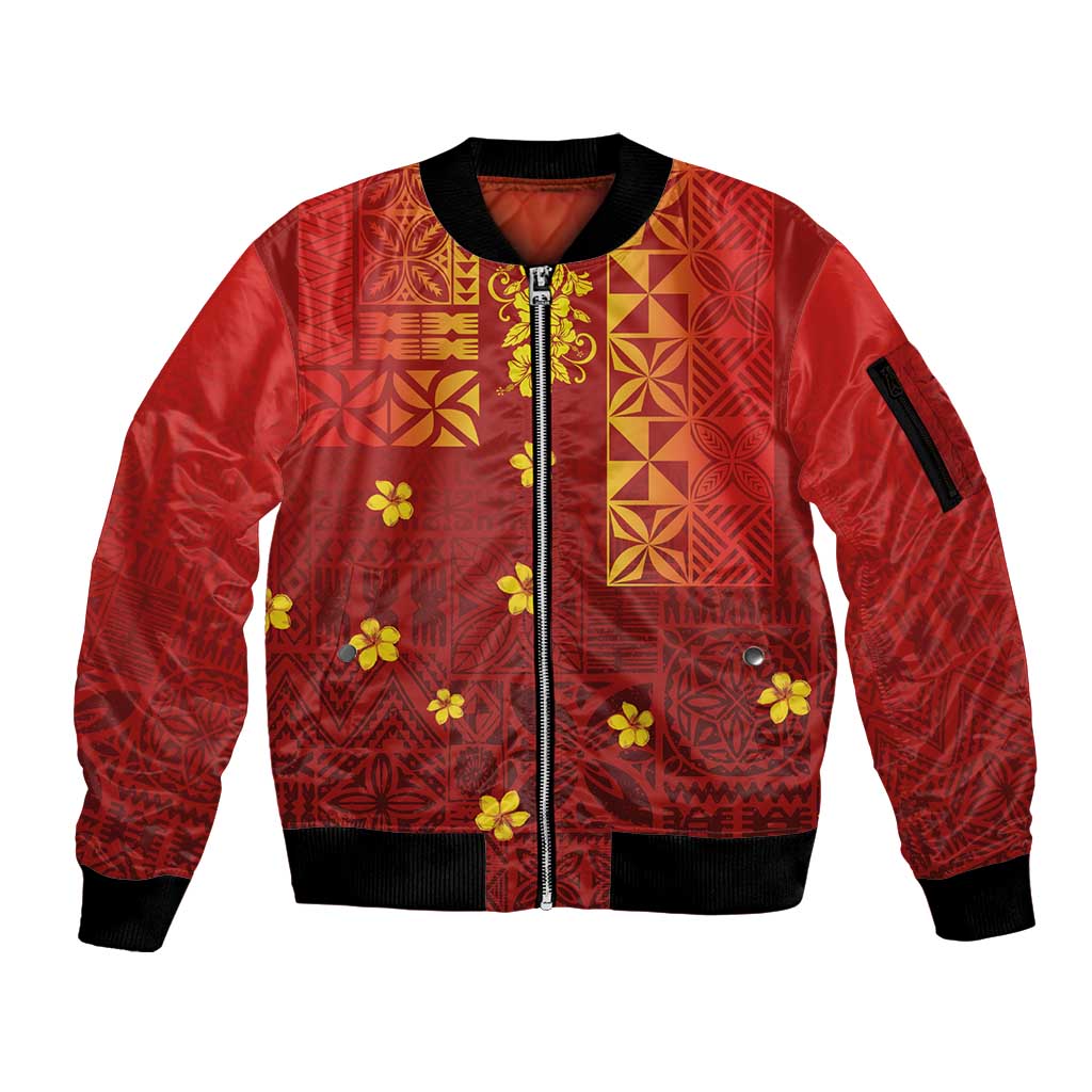 Samoa Tapa Pacific Tribal Pattern Sleeve Zip Bomber Jacket Hibiscus and Plumeria