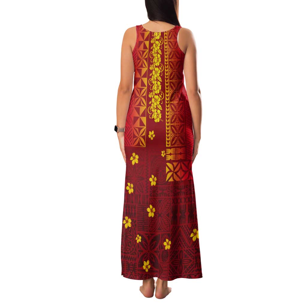 Samoa Tapa Pacific Tribal Pattern Tank Maxi Dress Hibiscus and Plumeria