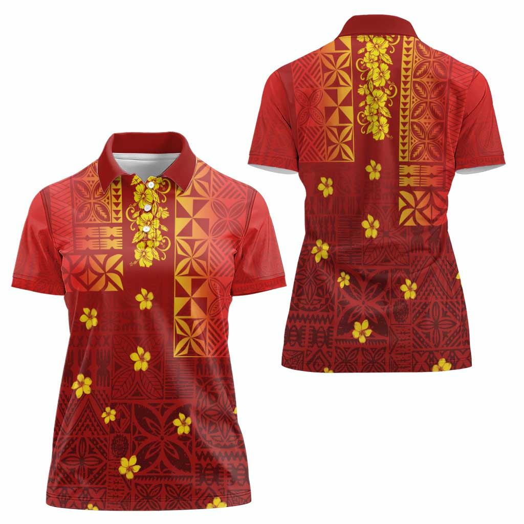 Samoa Tapa Pacific Tribal Pattern Women Polo Shirt Hibiscus and Plumeria