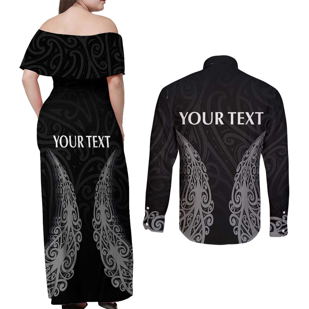 New Zealand Netball Couples Matching Off Shoulder Maxi Dress and Long Sleeve Button Shirt Koru and Maori Tattoo Jersey LT03 - Polynesian Pride