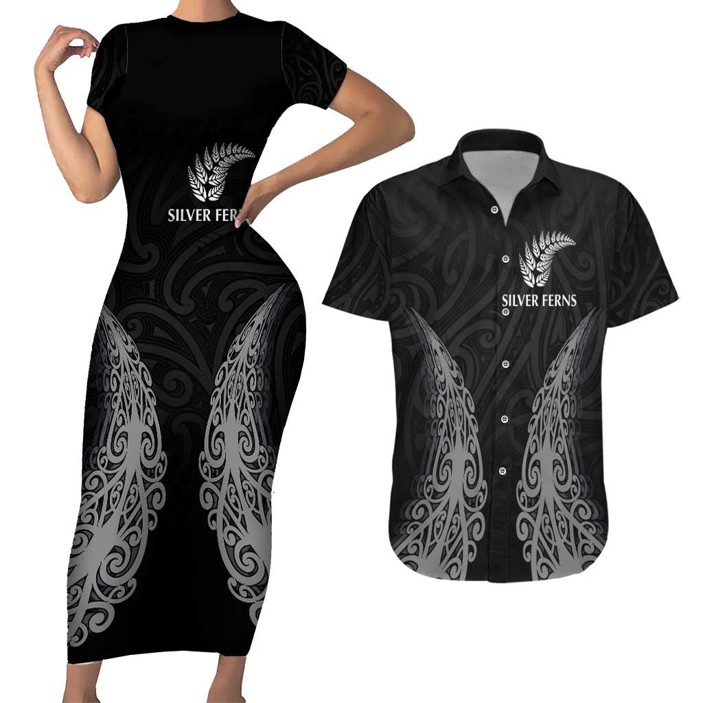 New Zealand Netball Couples Matching Short Sleeve Bodycon Dress and Hawaiian Shirt Koru and Maori Tattoo Jersey