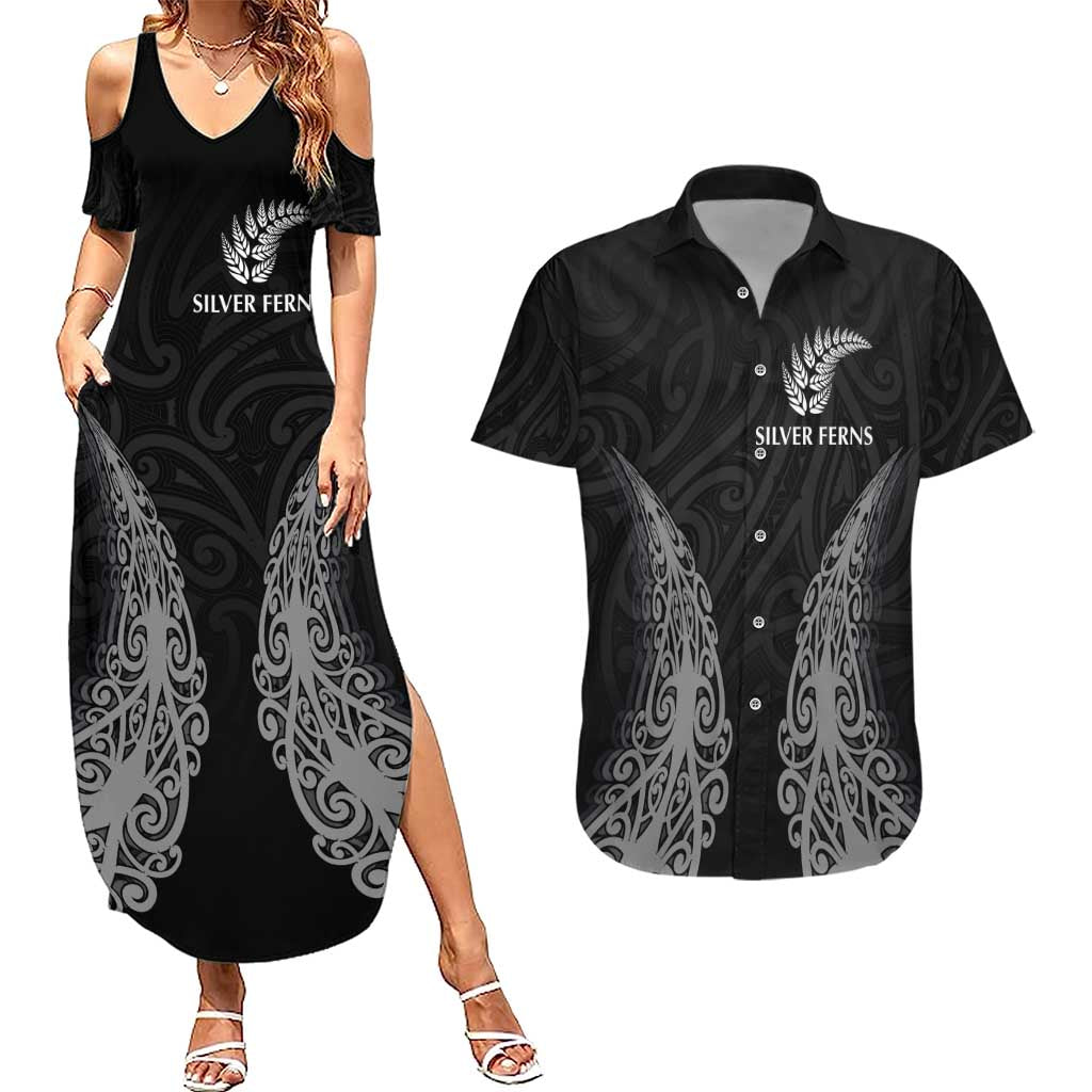 New Zealand Netball Couples Matching Summer Maxi Dress and Hawaiian Shirt Koru and Maori Tattoo Jersey LT03 Black - Polynesian Pride