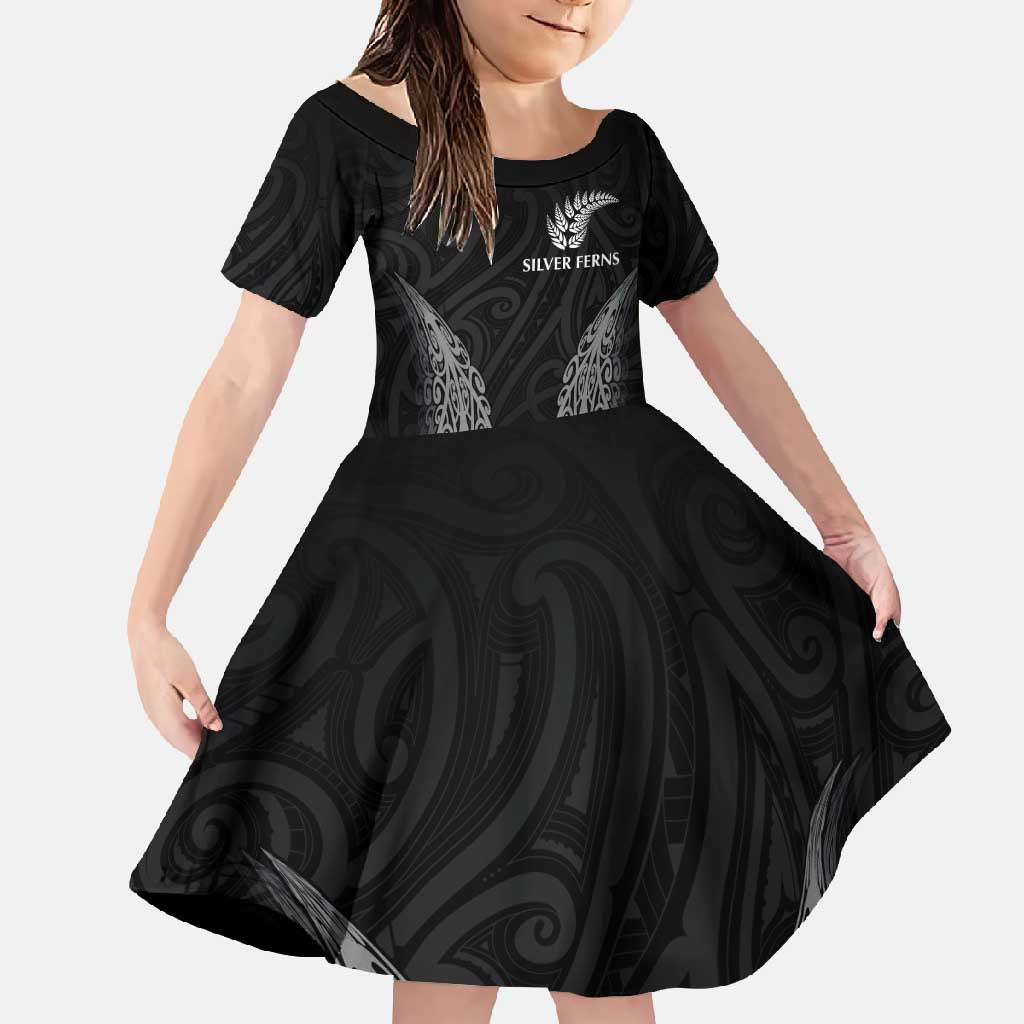 New Zealand Netball Family Matching Long Sleeve Bodycon Dress and Hawaiian Shirt Koru and Maori Tattoo Jersey LT03 Daughter's Dress Black - Polynesian Pride