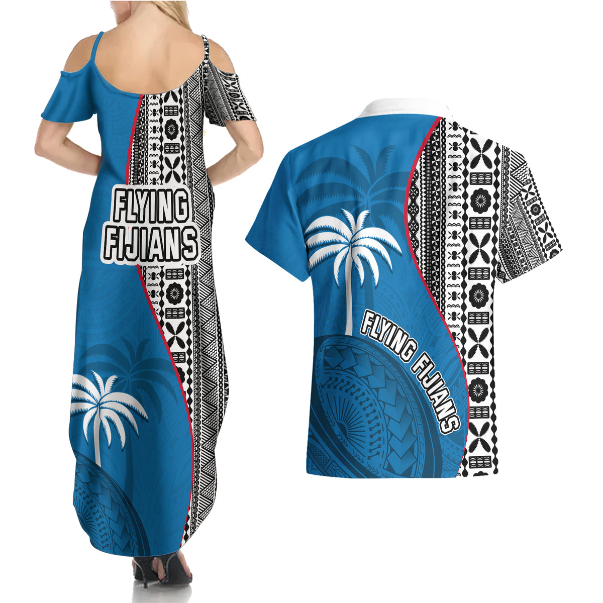 fiji-rugby-couples-matching-summer-maxi-dress-and-hawaiian-shirt-coat-of-arms-palm-tree-mix-polynesia-tapa-pattern