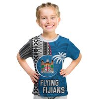 Fiji Rugby Kid T Shirt Coat of Arms Palm Tree Mix Polynesia Tapa Pattern LT03 Blue - Polynesian Pride