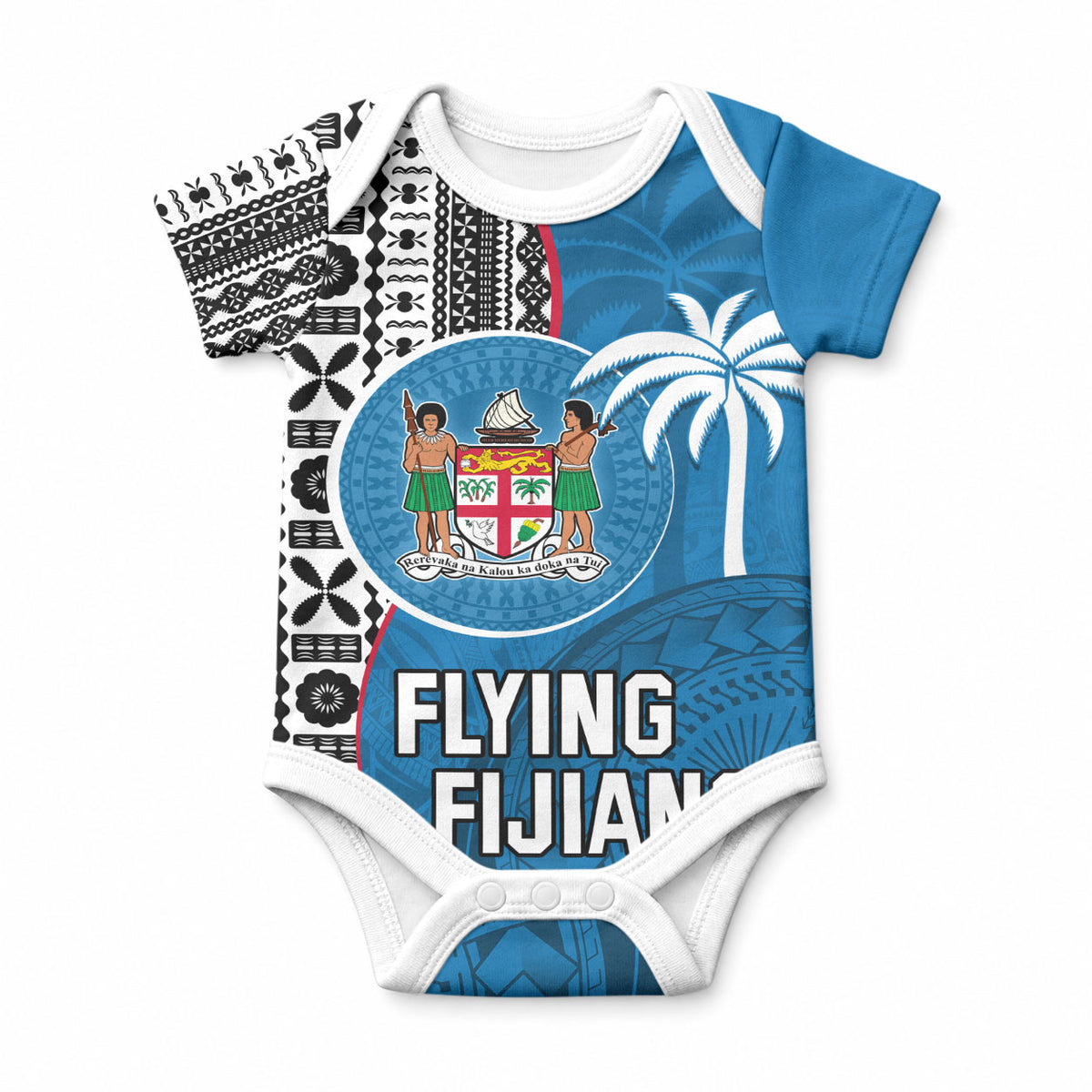 Custom Fiji Rugby Baby Onesie Coat of Arms Palm Tree Mix Polynesia Tapa Pattern LT03 Red - Polynesian Pride