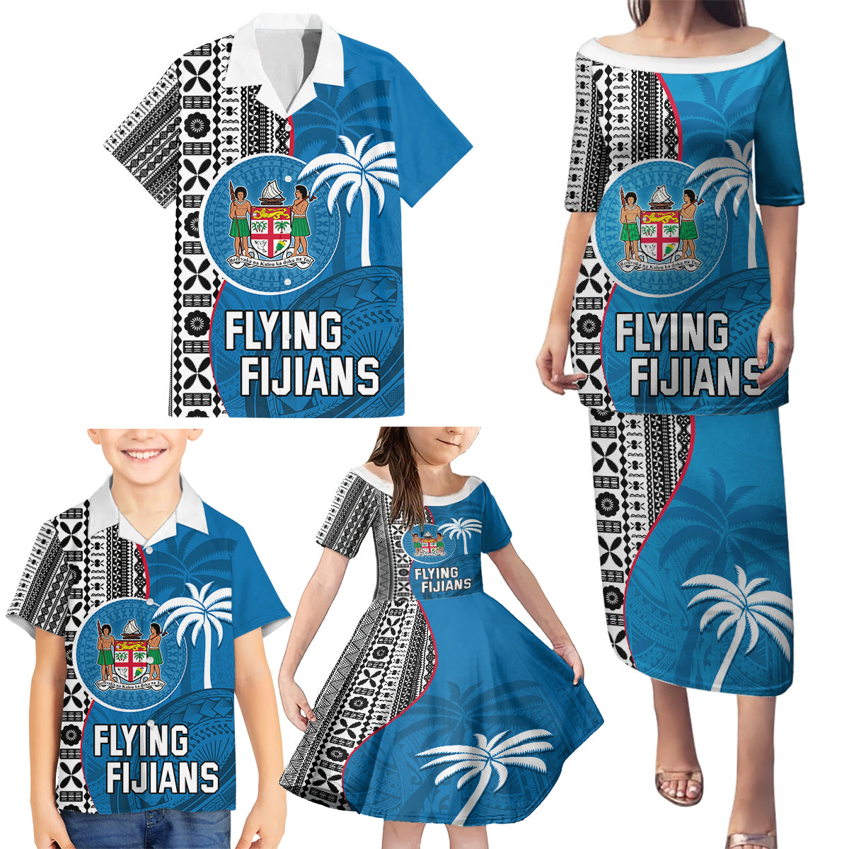 Custom Fiji Rugby Family Matching Puletasi Dress and Hawaiian Shirt Coat of Arms Palm Tree Mix Polynesia Tapa Pattern LT03 - Polynesian Pride