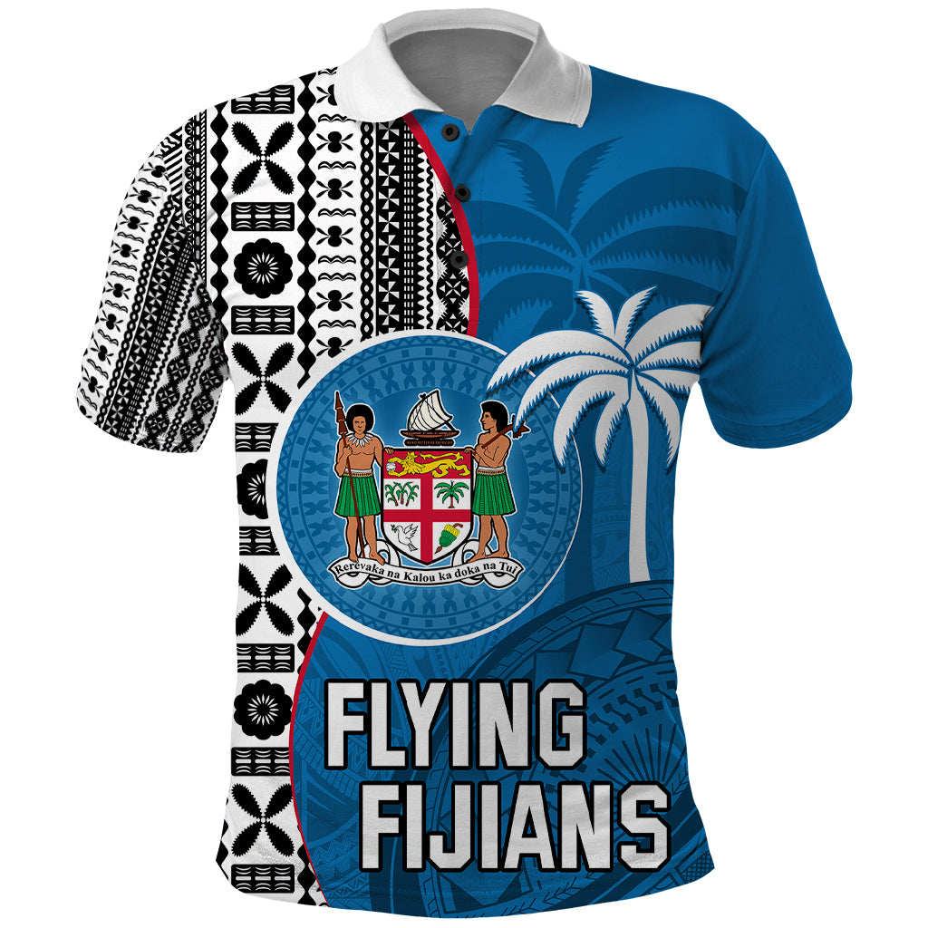 Custom Fiji Rugby Polo Shirt Coat of Arms Palm Tree Mix Polynesia Tapa Pattern LT03 Blue - Polynesian Pride