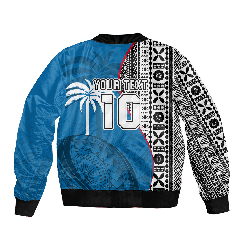 Custom Fiji Rugby Sleeve Zip Bomber Jacket Coat of Arms Palm Tree Mix Polynesia Tapa Pattern LT03 - Polynesian Pride