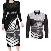 New Zealand World Cup 2023 Couples Matching Long Sleeve Bodycon Dress and Long Sleeve Button Shirt Aotearoa Haka Rugby with Silver Fern Maori Ethnic Pattern LT03 Black - Polynesian Pride