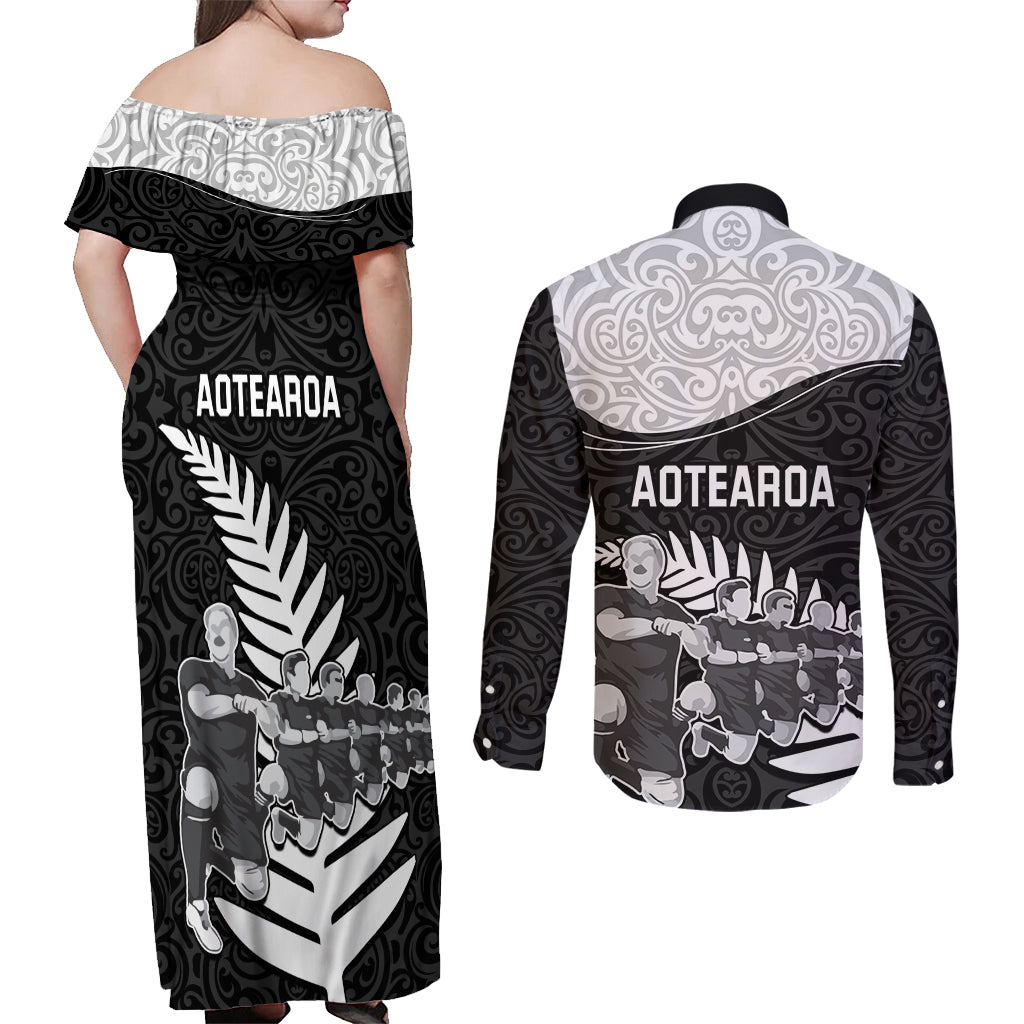 New Zealand World Cup 2023 Couples Matching Off Shoulder Maxi Dress and Long Sleeve Button Shirt Aotearoa Haka Rugby with Silver Fern Maori Ethnic Pattern LT03 - Polynesian Pride