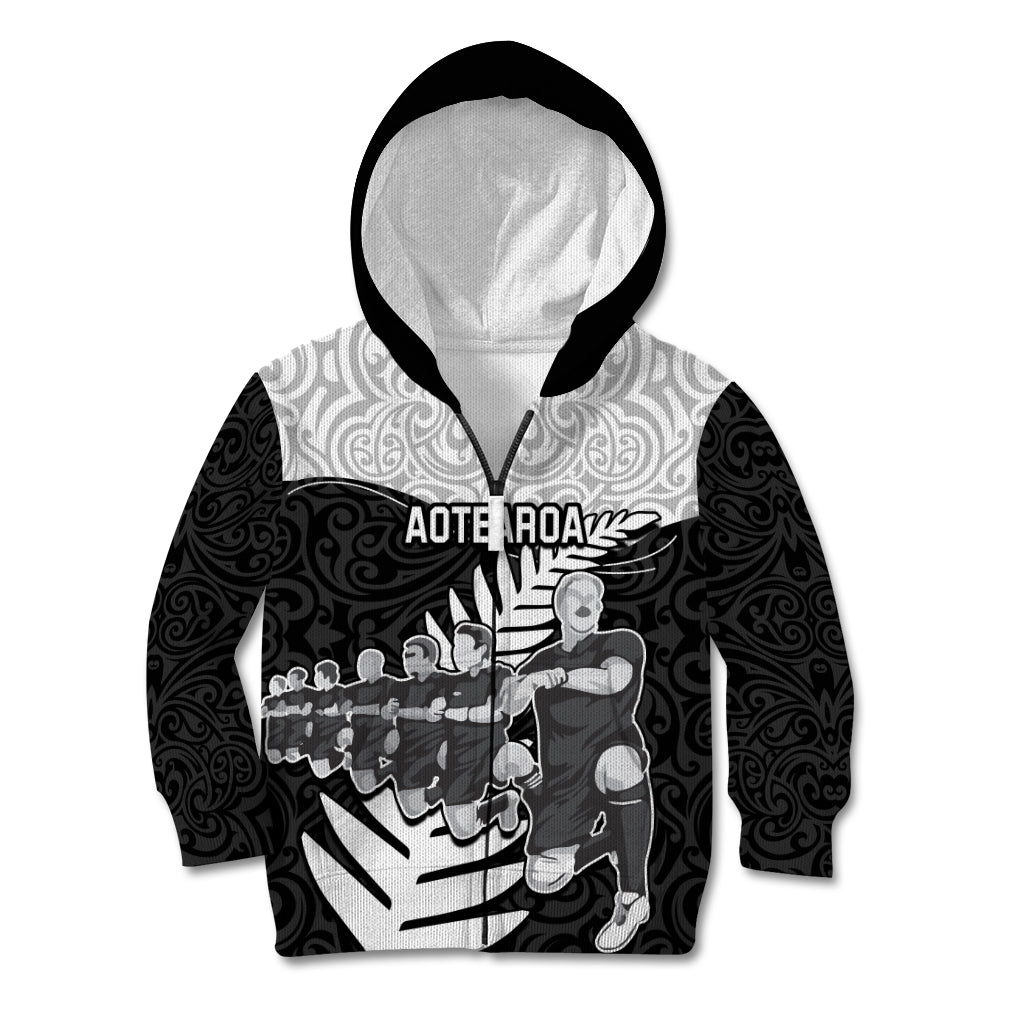 New Zealand World Cup 2023 Kid Hoodie Aotearoa Haka Rugby with Silver Fern Maori Ethnic Pattern LT03 Zip Hoodie Black - Polynesian Pride