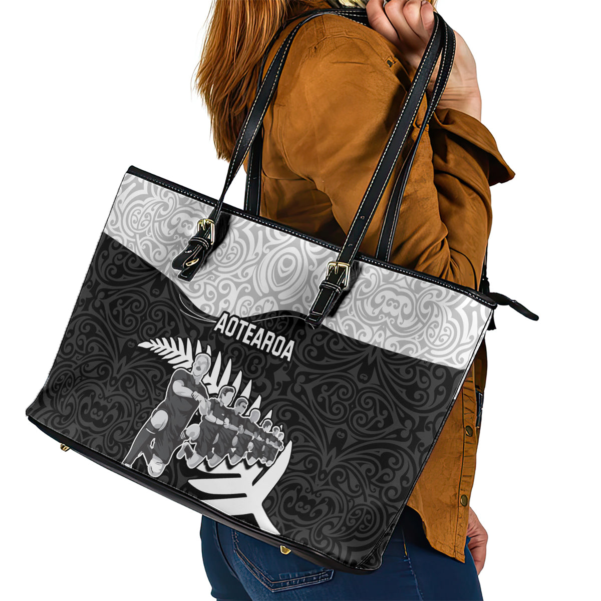 New Zealand World Cup 2023 Leather Tote Bag Aotearoa Haka Rugby with Silver Fern Maori Ethnic Pattern LT03 - Polynesian Pride