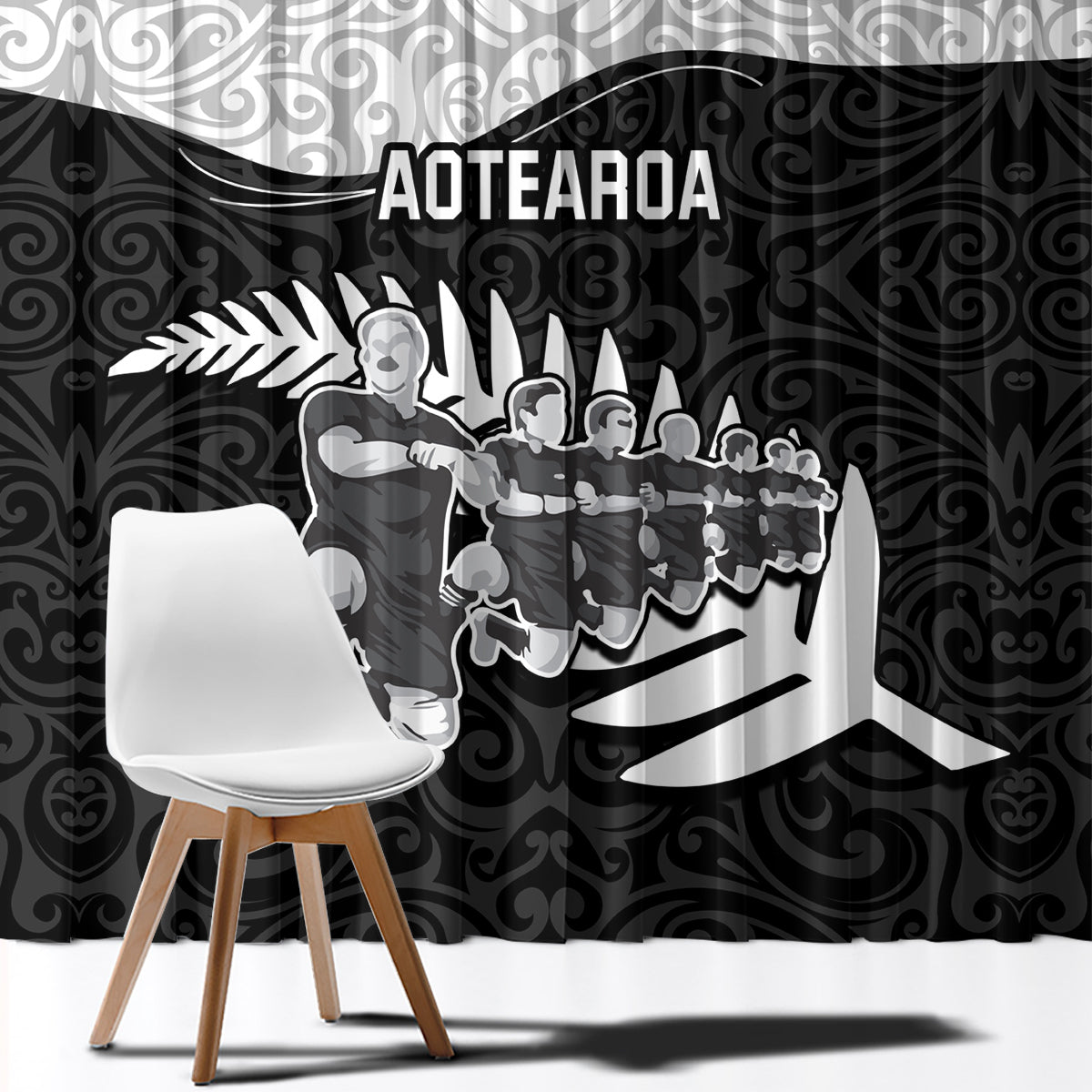 New Zealand World Cup 2023 Window Curtain Aotearoa Haka Rugby with Silver Fern Maori Ethnic Pattern LT03 - Polynesian Pride