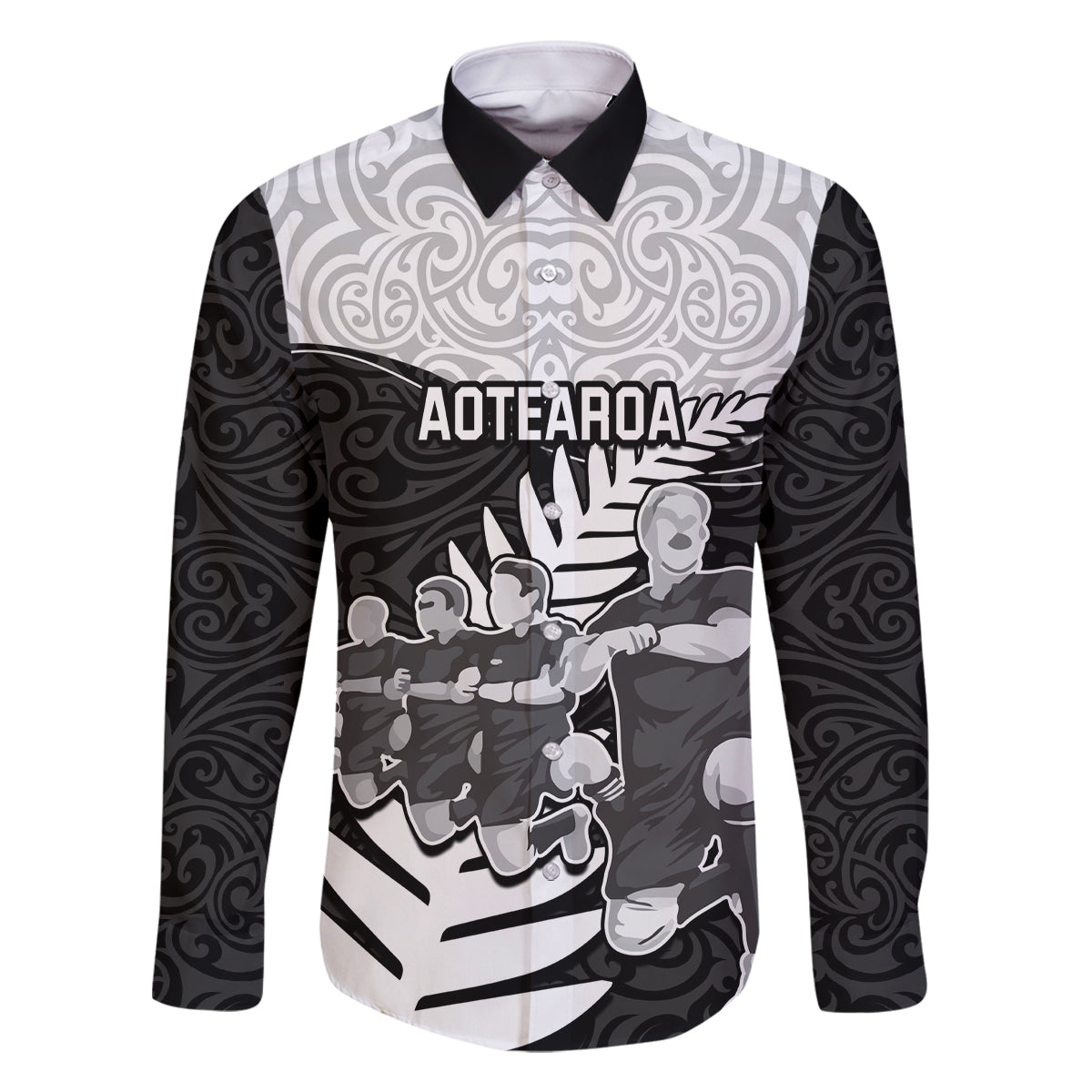 Custom New Zealand World Cup 2023 Family Matching Long Sleeve Bodycon Dress and Hawaiian Shirt Aotearoa Haka Rugby with Silver Fern Maori Ethnic Pattern LT03 Dad's Shirt - Long Sleeve Black - Polynesian Pride