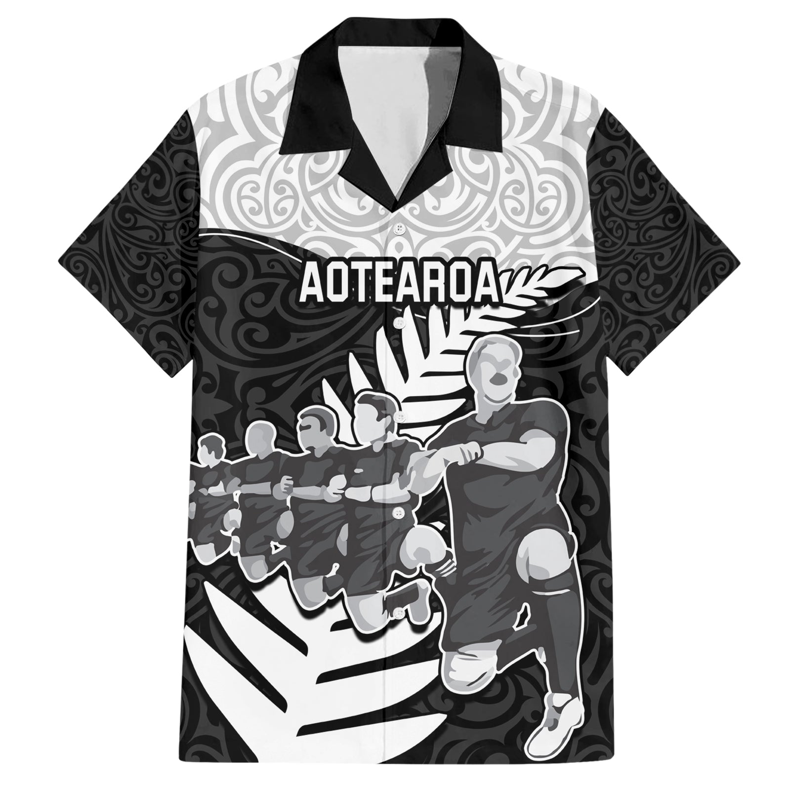 Custom New Zealand World Cup 2023 Hawaiian Shirt Aotearoa Haka Rugby with Silver Fern Maori Ethnic Pattern LT03 Black - Polynesian Pride