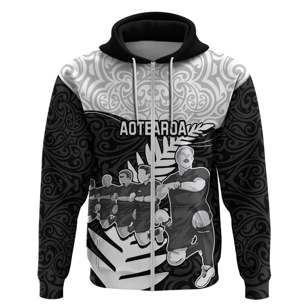 Custom New Zealand World Cup 2023 Hoodie Aotearoa Haka Rugby with Silver Fern Maori Ethnic Pattern LT03 Zip Hoodie Black - Polynesian Pride