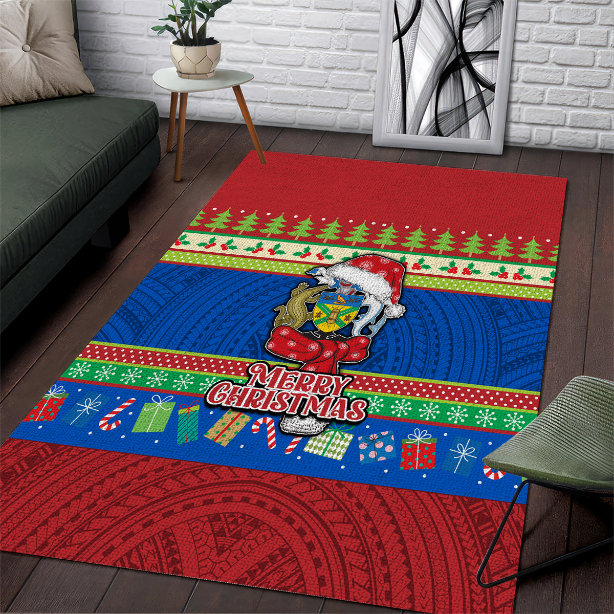 Solomon Islands Christmas Area Rug Santa With Flag Of Solomon Polynesian Tribal Xmas Vibe LT03 Blue - Polynesian Pride