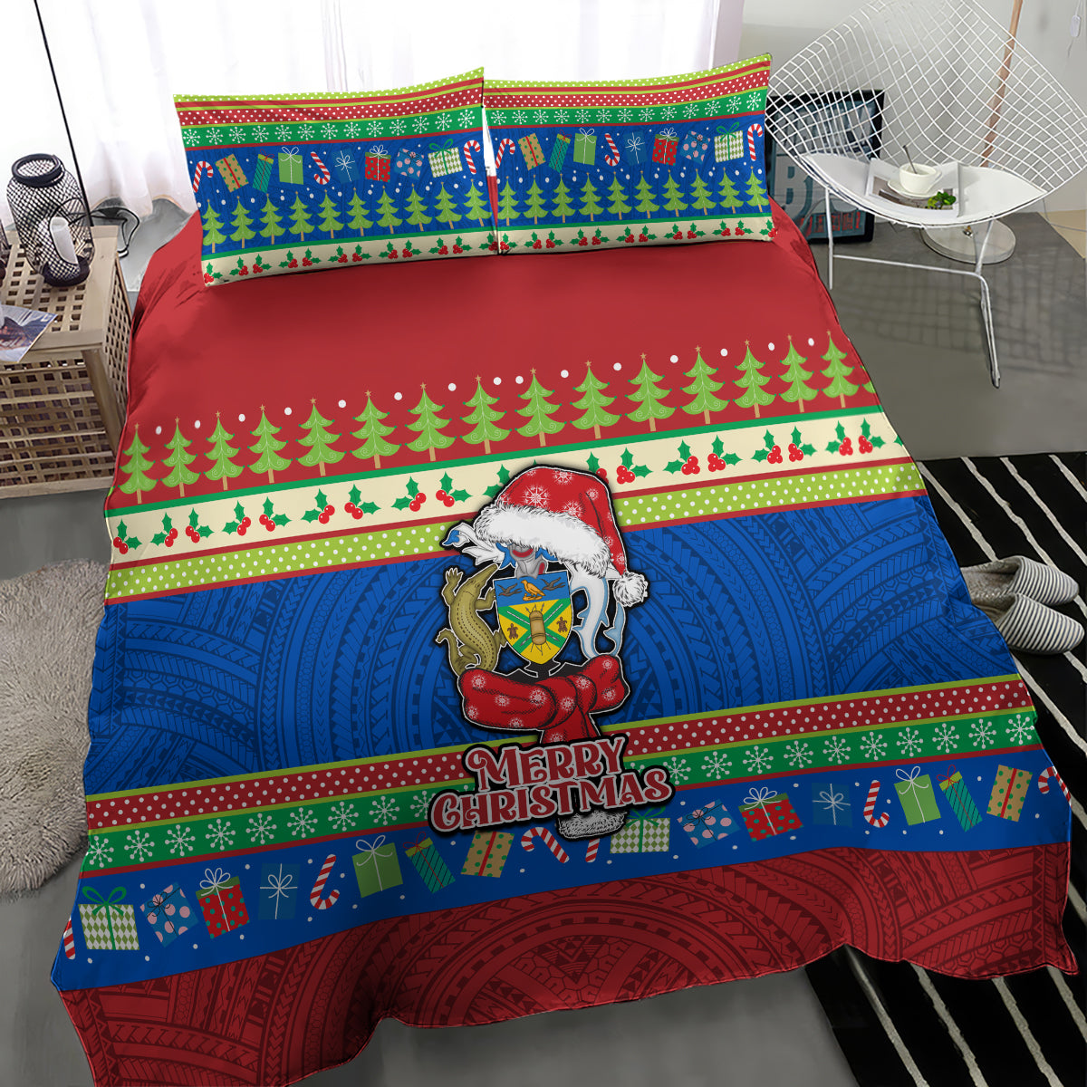 Solomon Islands Christmas Bedding Set Santa With Flag Of Solomon Polynesian Tribal Xmas Vibe LT03 - Polynesian Pride