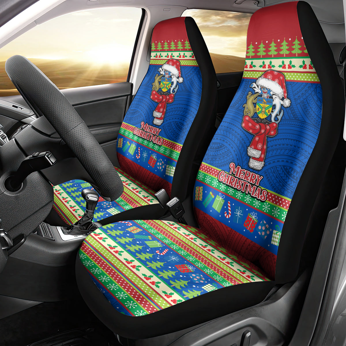 Solomon Islands Christmas Car Seat Cover Santa With Flag Of Solomon Polynesian Tribal Xmas Vibe LT03 - Polynesian Pride
