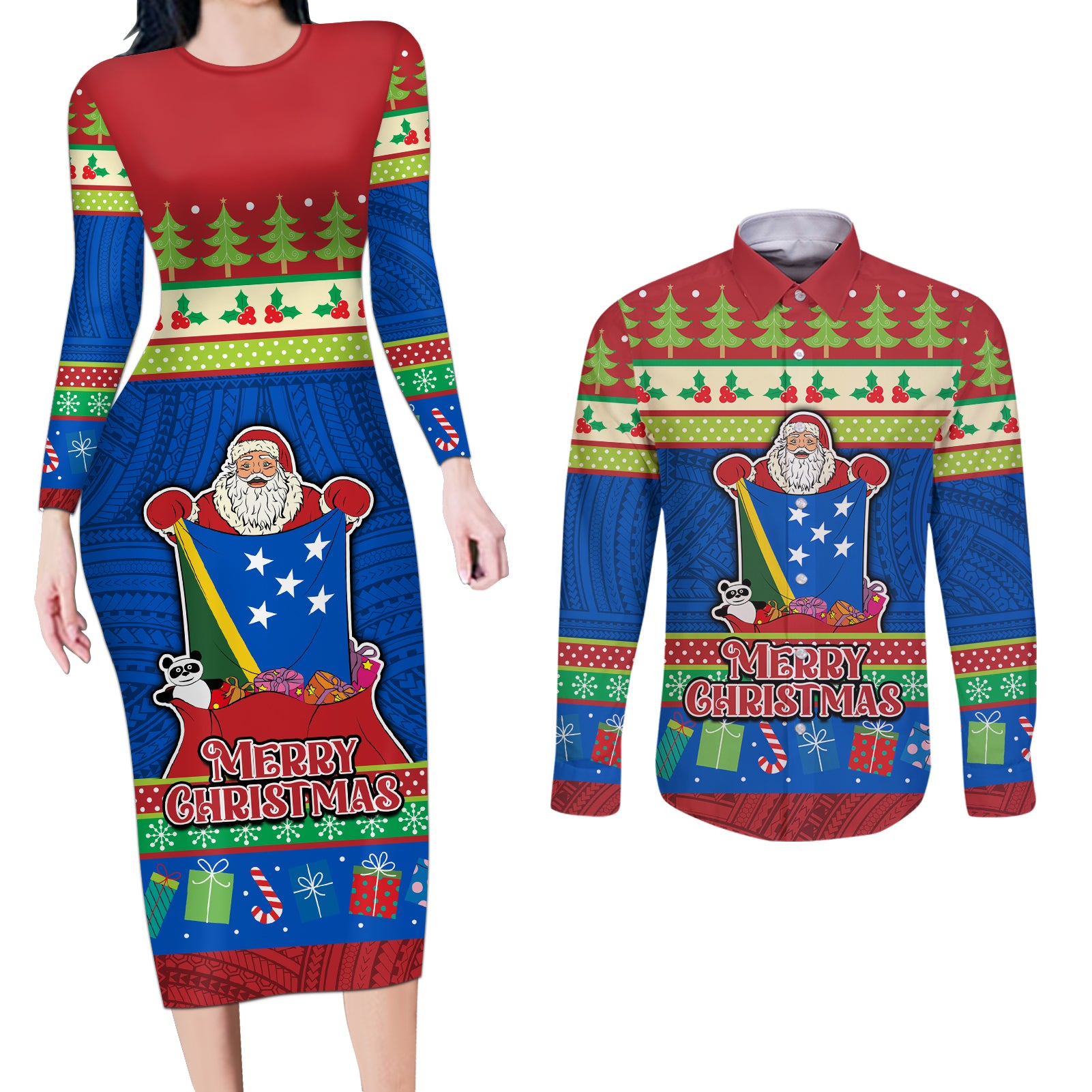 Solomon Islands Christmas Couples Matching Long Sleeve Bodycon Dress and Long Sleeve Button Shirt Santa With Flag Of Solomon Polynesian Tribal Xmas Vibe LT03 Blue - Polynesian Pride