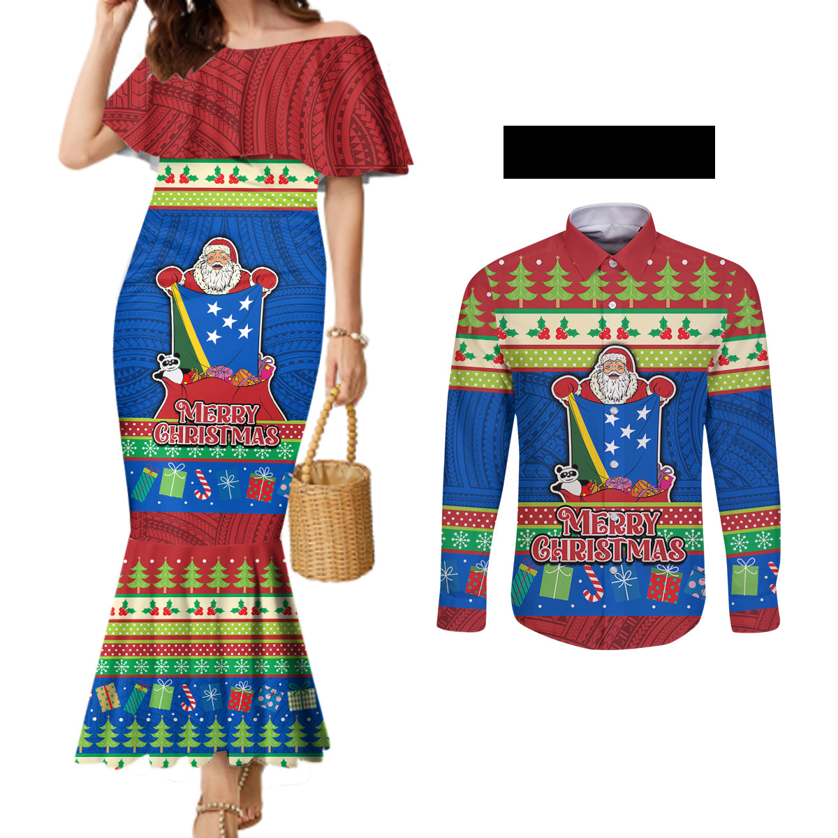 Solomon Islands Christmas Couples Matching Mermaid Dress and Long Sleeve Button Shirt Santa With Flag Of Solomon Polynesian Tribal Xmas Vibe LT03 Blue - Polynesian Pride