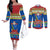 Solomon Islands Christmas Couples Matching Off The Shoulder Long Sleeve Dress and Long Sleeve Button Shirt Santa With Flag Of Solomon Polynesian Tribal Xmas Vibe LT03 Blue - Polynesian Pride