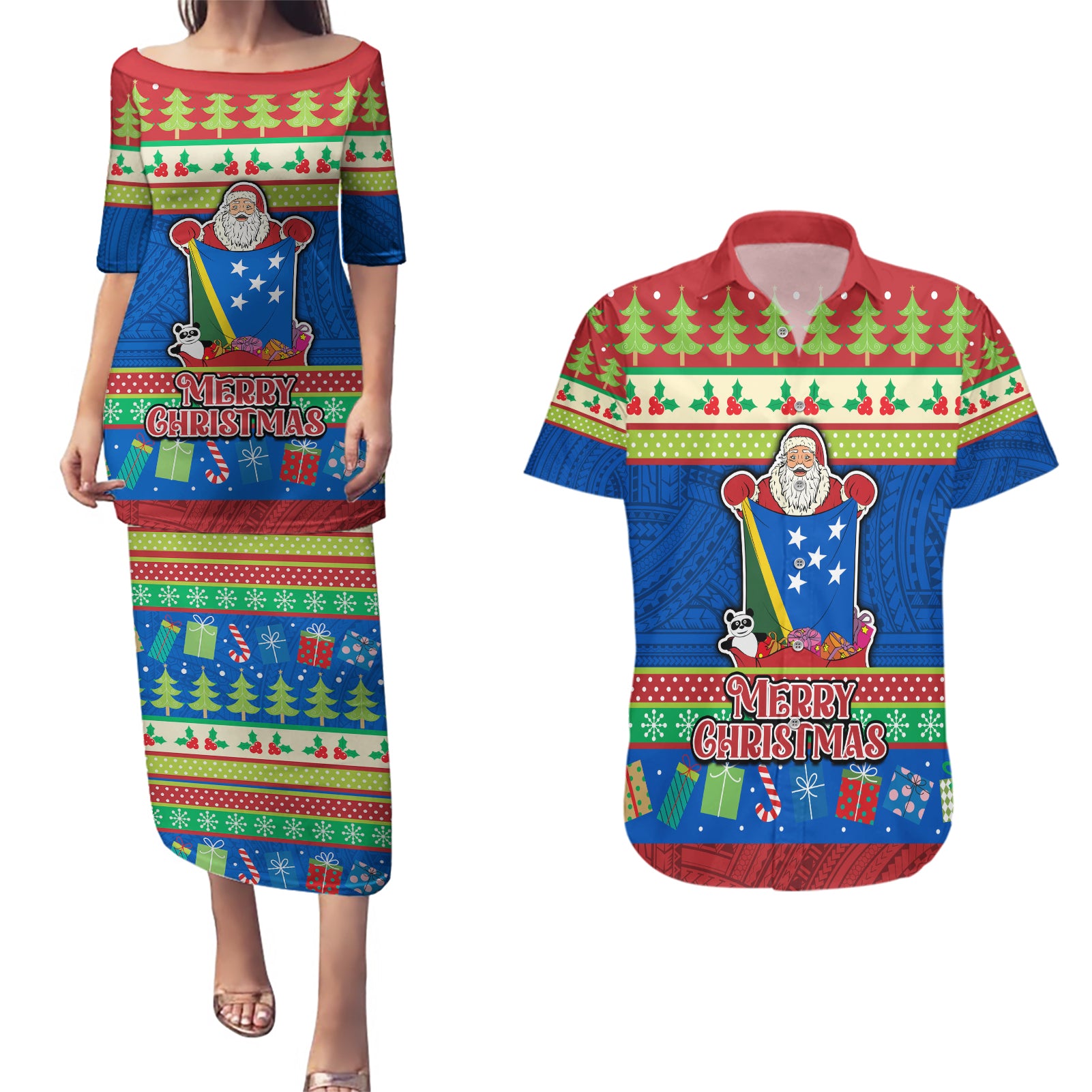 Solomon Islands Christmas Couples Matching Puletasi Dress and Hawaiian Shirt Santa With Flag Of Solomon Polynesian Tribal Xmas Vibe LT03 Blue - Polynesian Pride