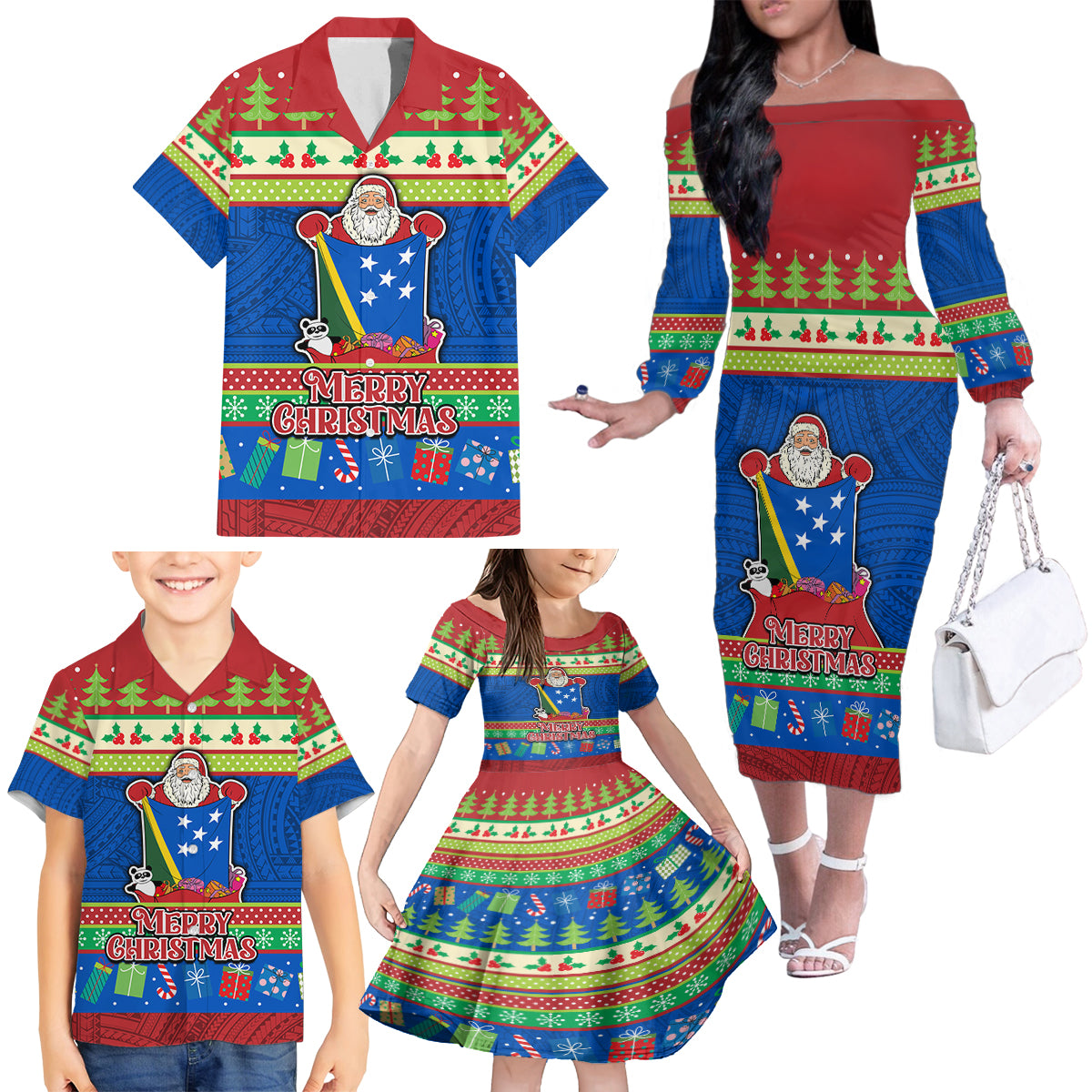 Solomon Islands Christmas Family Matching Off Shoulder Long Sleeve Dress and Hawaiian Shirt Santa With Flag Of Solomon Polynesian Tribal Xmas Vibe LT03 - Polynesian Pride