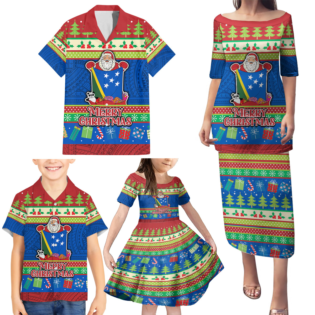 Solomon Islands Christmas Family Matching Puletasi Dress and Hawaiian Shirt Santa With Flag Of Solomon Polynesian Tribal Xmas Vibe LT03 - Polynesian Pride