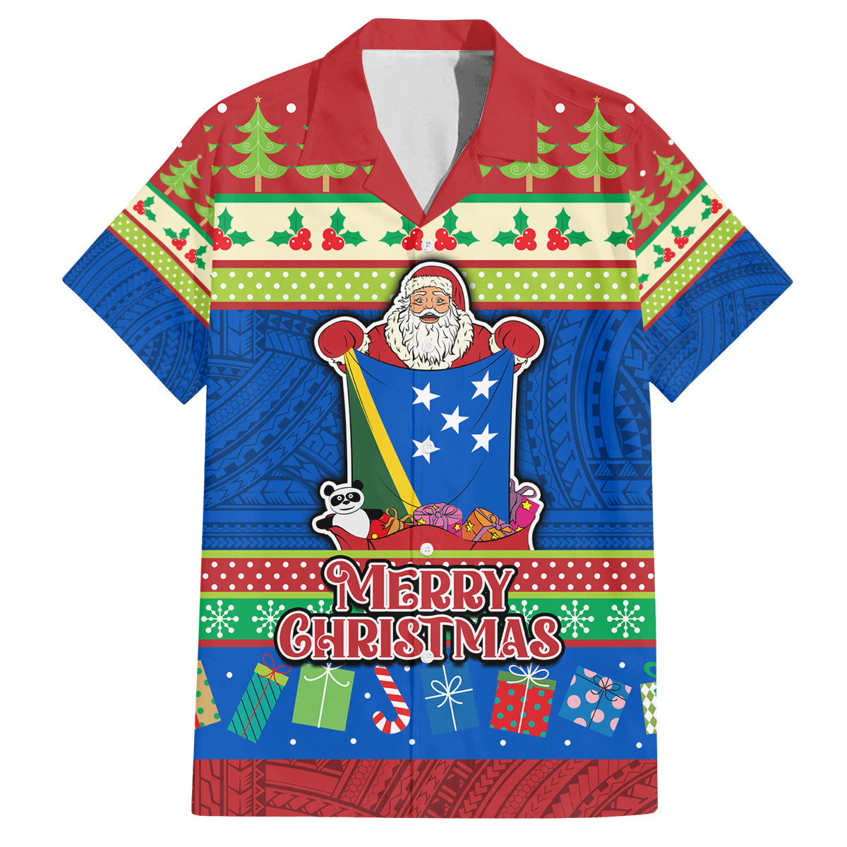 Solomon Islands Christmas Family Matching Puletasi Dress and Hawaiian Shirt Santa With Flag Of Solomon Polynesian Tribal Xmas Vibe LT03 Dad's Shirt - Short Sleeve Blue - Polynesian Pride