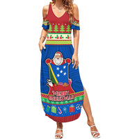 Solomon Islands Christmas Family Matching Summer Maxi Dress and Hawaiian Shirt Santa With Flag Of Solomon Polynesian Tribal Xmas Vibe LT03 Mom's Dress Blue - Polynesian Pride