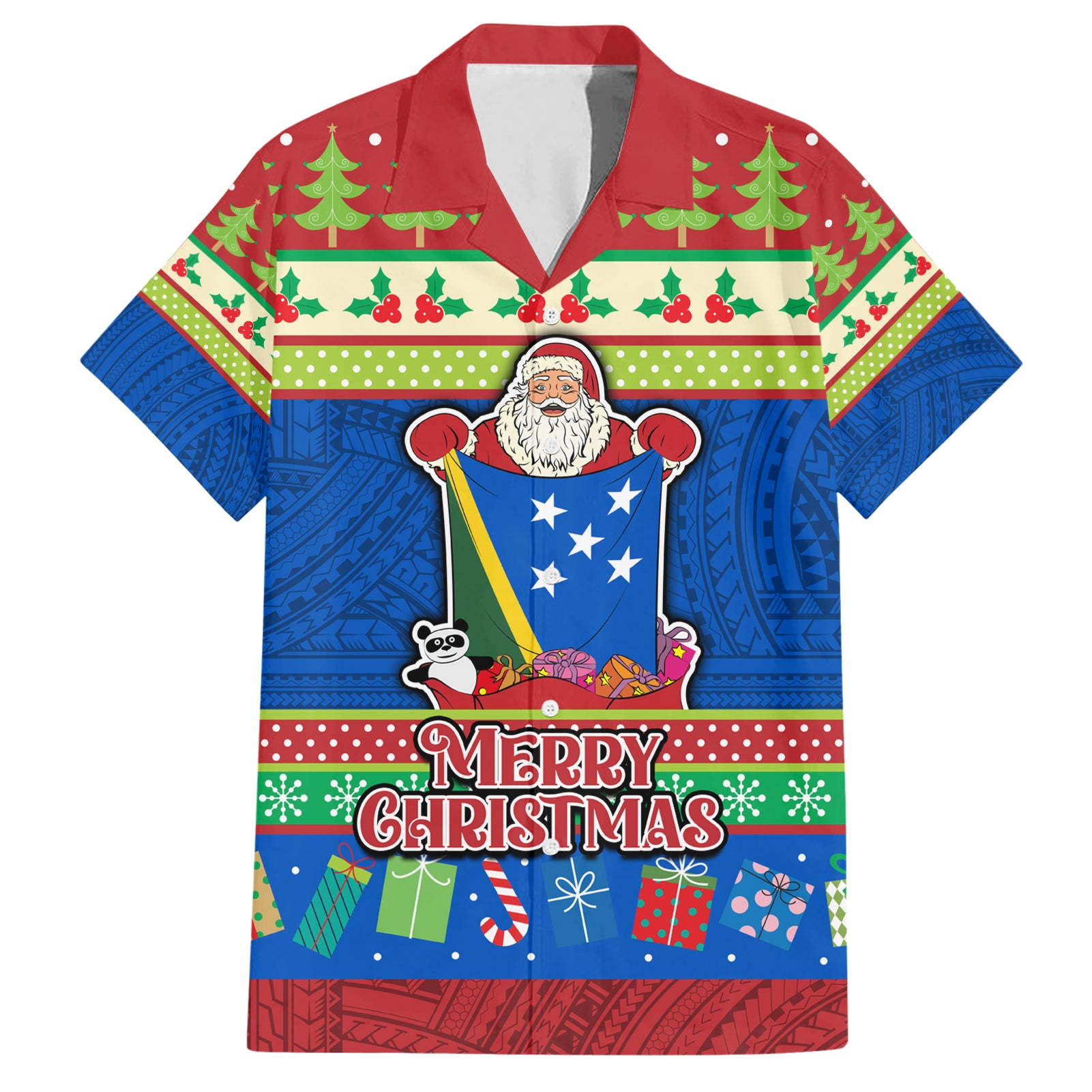 Solomon Islands Christmas Hawaiian Shirt Santa With Flag Of Solomon Polynesian Tribal Xmas Vibe LT03 Blue - Polynesian Pride